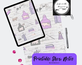 May include: A digital tablet and a printed sheet featuring a pattern of livestock-related illustrations, including pigs and brushes, on a wood-grain background. The text "Printable Show Notes" is displayed on a purple banner.
