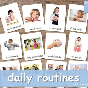DAILY ROUTINES 45 Real Picture Flashcards, Three-Part Nomenclature Cards, Learning Educational Homeschool Preschool Montessori Printable PDF