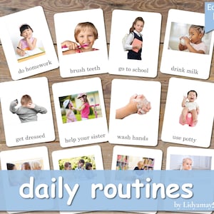 DAILY ROUTINES 45 Real Picture Flashcards, Three-Part Nomenclature Cards, Learning Educational Homeschool Preschool Montessori Printable PDF