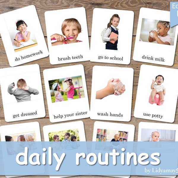 DAILY ROUTINES 45 Real Picture Flashcards, Three-Part Nomenclature Cards, Learning Educational Homeschool Preschool Montessori Printable PDF