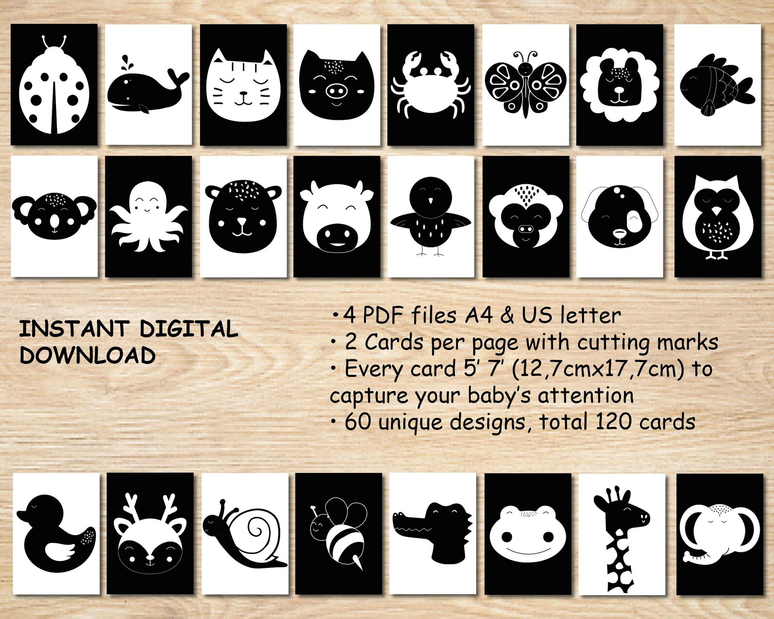 120 High Contrast Baby Flashcards, Black and White Baby Sensory Cards ...