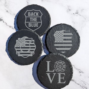 Engraved Slate Coasters gift for First Responder gift for Police gift for Firefighter gift for Veteran Designs - Mix and Match