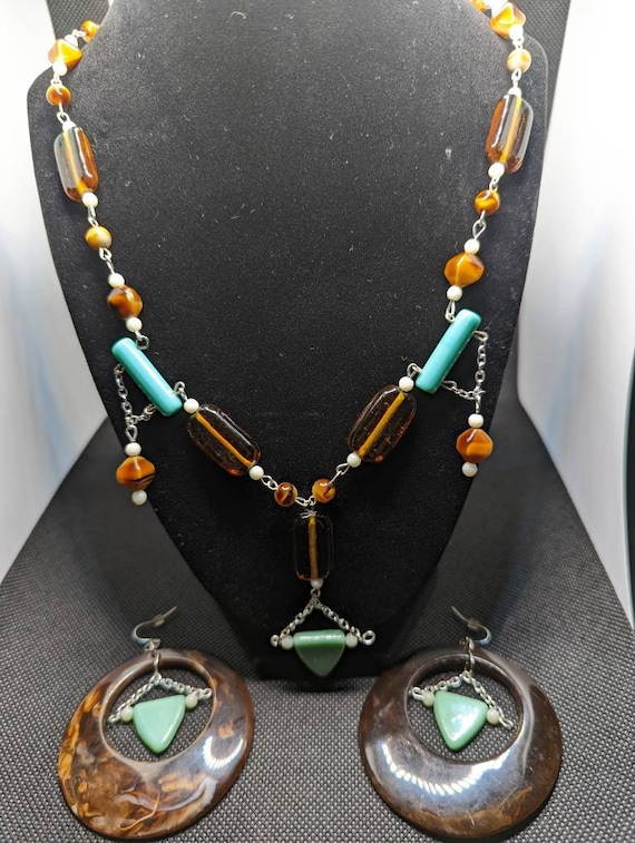 Brown and teal uranium necklace and earring set - image 1