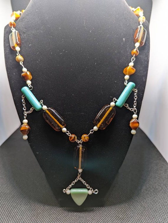 Brown and teal uranium necklace and earring set - image 3