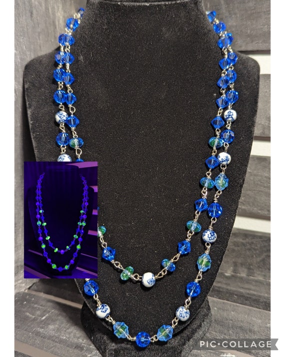 Double strand blue uranium necklace