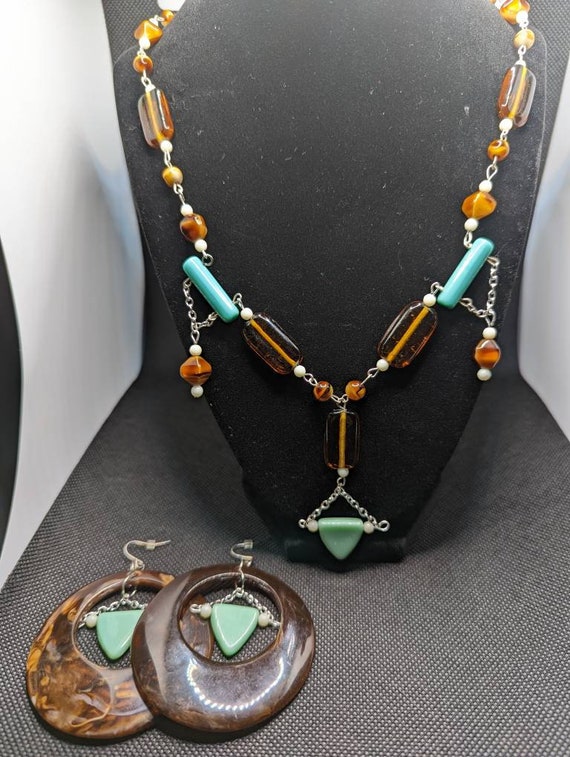 Brown and teal uranium necklace and earring set - image 2