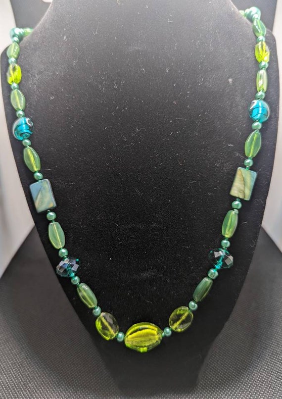 Shades of green glass beaded necklace.