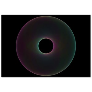 Puede incluir: Un anillo de color iridiscente y vibrante con un centro negro, que se asemeja a una rosquilla, sobre un fondo negro.