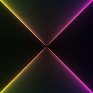 May include: Abstract digital art with a black background and a yellow and pink neon light design. The neon lights form an X shape in the center of the image.