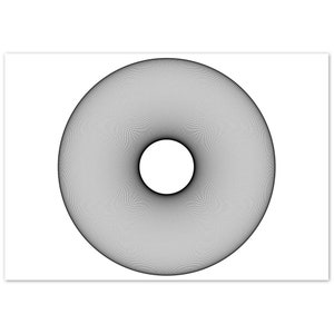 May include: A black and white geometric design of a circle with a hole in the center. The design is made up of many thin lines that create a radial pattern.