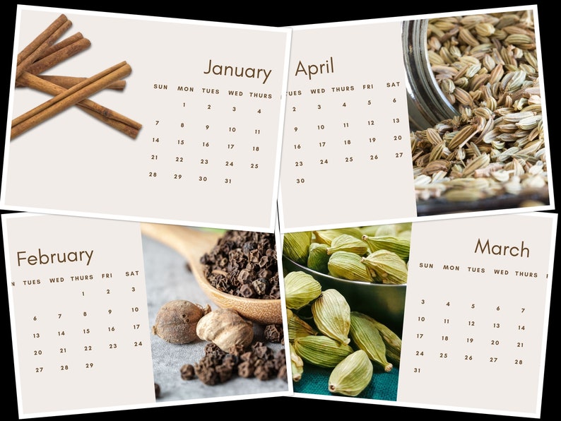 2024 Indian Spices Calendar Printable Sunday Start Spices Wall Calendar