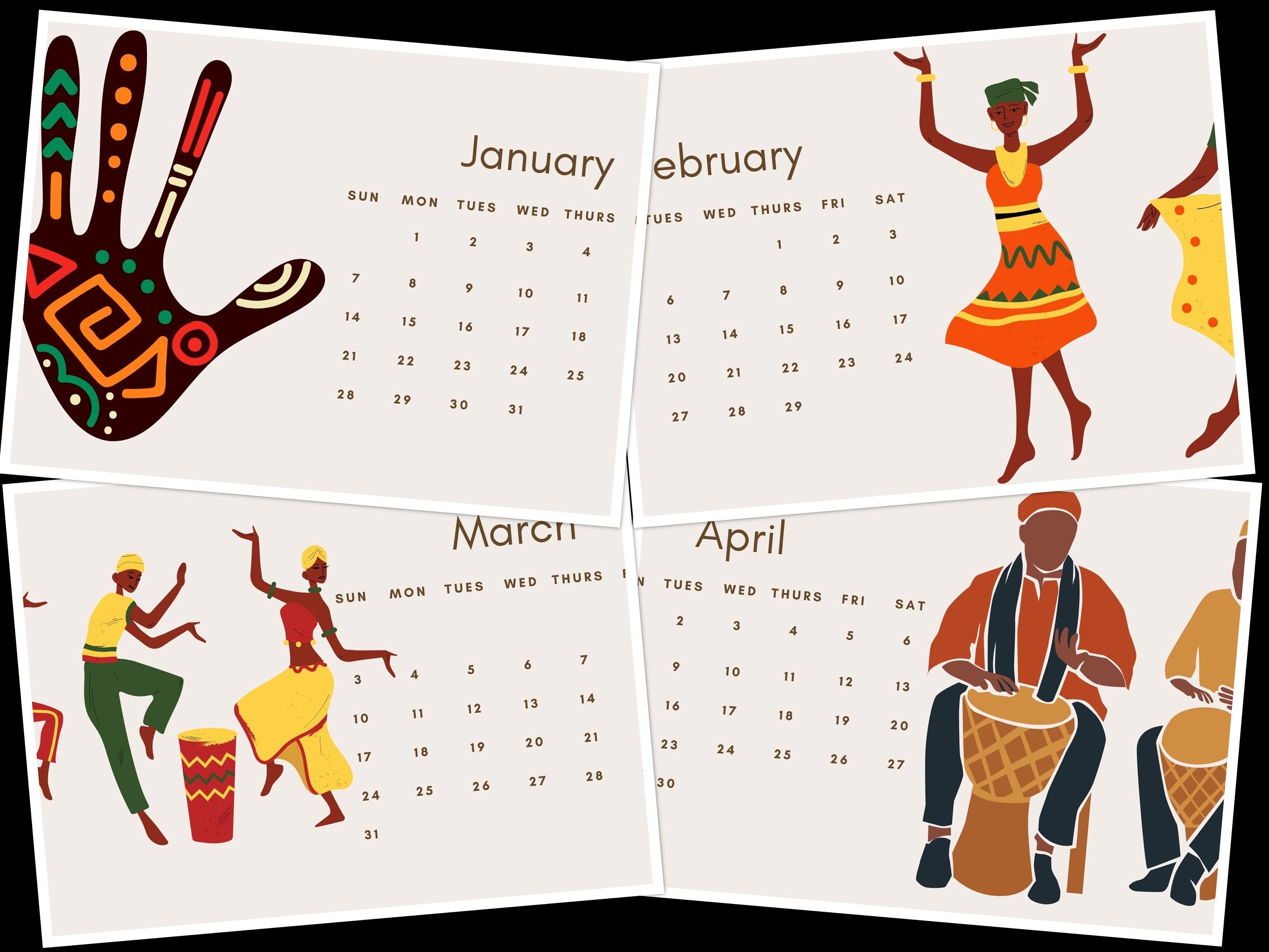 2024 African Minimalist Calendar Printable Sunday Start African Wall