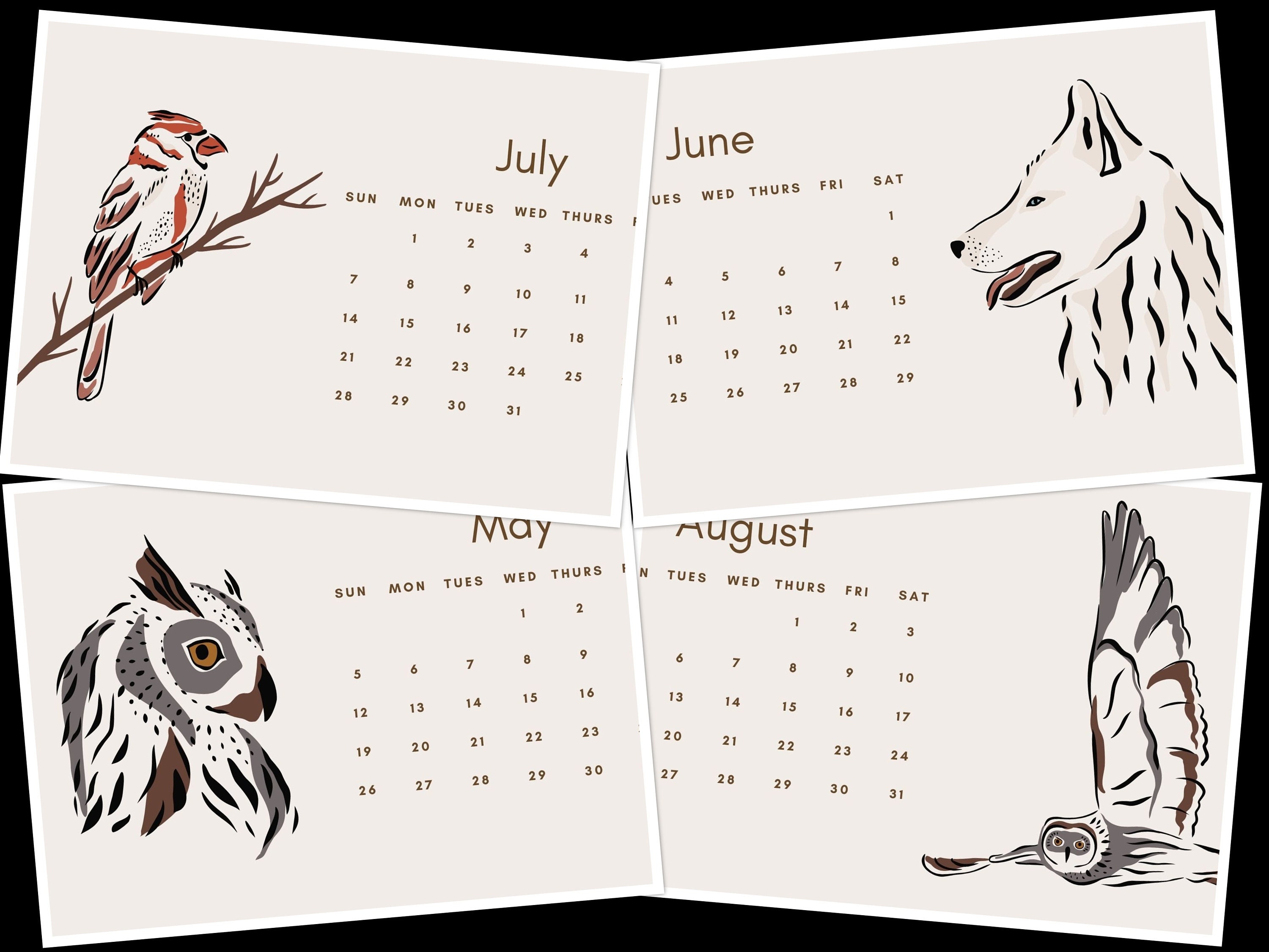 2024 Animals Calendar Printable Sunday Start Animals Wall Calendar 12 ...