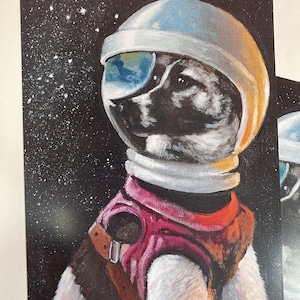 Laika 9x12 Impresión de pintura al óleo original - Perro espacial - Rusia soviética - Canis Major - Cosmo - Cosmonauta canino
