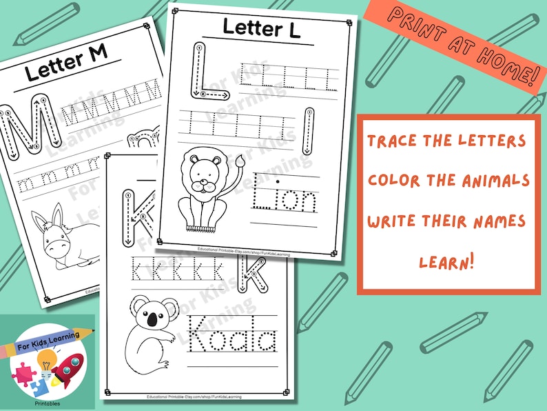 Puede incluir: Hoja de trabajo imprimible en blanco y negro para trazar las letras L, K y M. Cada letra se empareja con un animal: un le&oacute;n, un koala y un burro. La hoja de trabajo incluye instrucciones para trazar las letras, colorear los animales y escribir sus nombres. El texto "&iexcl;IMPRIMIR EN CASA!" y "&iexcl;TRAZA LAS LETRAS, COLOREA LOS ANIMALES, ESCRIBE SUS NOMBRES, &iexcl;APRENDE!" est&aacute; incluido en la hoja de trabajo.