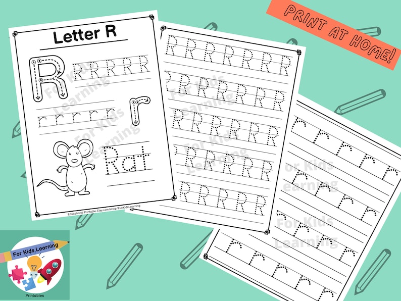 Puede incluir: Hoja de trabajo imprimible para aprender la letra R. La hoja de trabajo presenta una R may&uacute;scula grande, una r min&uacute;scula peque&ntilde;a y la palabra "Rat&oacute;n" con l&iacute;neas punteadas para trazar. Tambi&eacute;n hay varias l&iacute;neas de Rs punteadas para practicar la escritura de la letra.