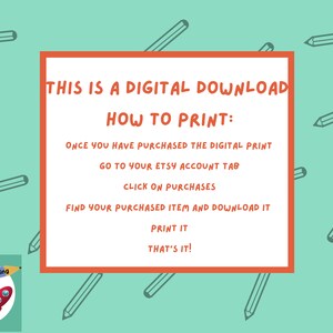 Puede incluir: Un gr&aacute;fico rojo y blanco con el texto "THIS IS A DIGITAL DOWNLOAD HOW TO PRINT:" e instrucciones sobre c&oacute;mo imprimir una descarga digital. El gr&aacute;fico est&aacute; rodeado por un borde rojo y un fondo verde claro con dibujos a l&aacute;piz.