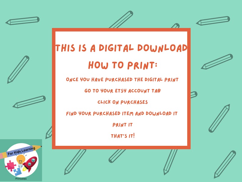 Puede incluir: Un gr&aacute;fico rojo y blanco con el texto "THIS IS A DIGITAL DOWNLOAD HOW TO PRINT:" e instrucciones sobre c&oacute;mo imprimir una descarga digital. El gr&aacute;fico est&aacute; rodeado por un borde rojo y un fondo verde claro con dibujos a l&aacute;piz.