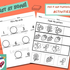May include: Black and white printable worksheet for preschool and kindergarten children. The worksheet has two sections. The first section asks children to fill in the circle with the correct number. The second section asks children to finish the pattern by drawing the missing images.