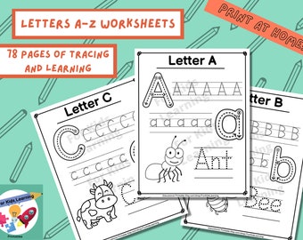 Letters A to Z, Alphabet Worksheets, Tracing, Early Education, Animals, Kids Worksheets, Practice, Homeschool, Preschool, Gradeschool, PDF