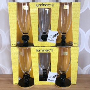 ZEER ZELDZAME set van 3 Luminarc Molière Processo / mousserende wijn / champagneglazen met zwarte steel Frankrijk in originele verpakking 1991