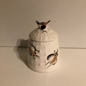 Può includere: Vaso di miele in ceramica bianca con un design a forma di alveare e un coperchio a forma di ape. Il vaso ha due api dipinte sul lato.