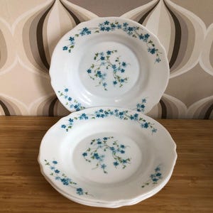 May include: Set of four white ceramic plates with a blue floral pattern. The plates have a scalloped edge and are ideal for serving desserts or snacks.