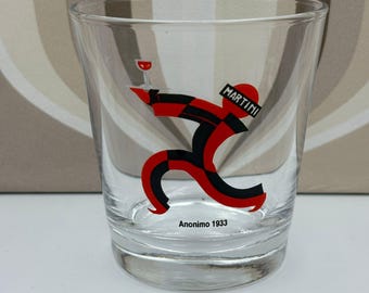 Copa de MARTINI vintage con figura de Martini roja, blanca y negra.