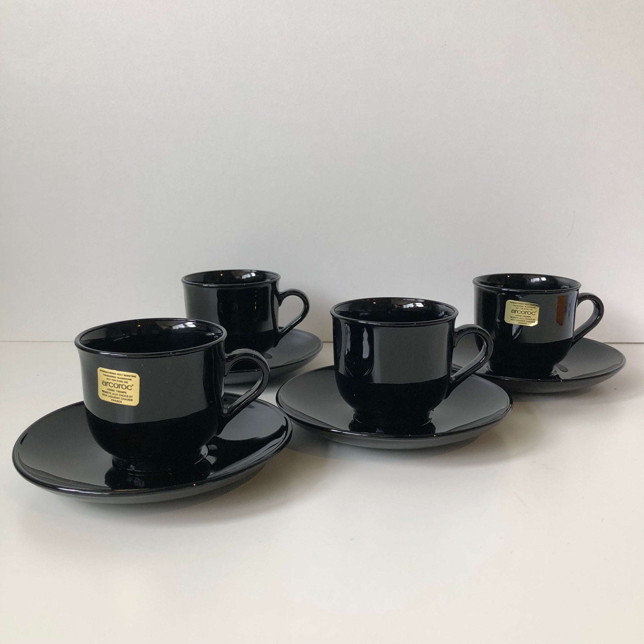 Set of 4 Vintage Arcoroc Black Espresso Cup & Saucers France Set of 4 Vintage Arcoroc Black Espresso Cup & Saucers France