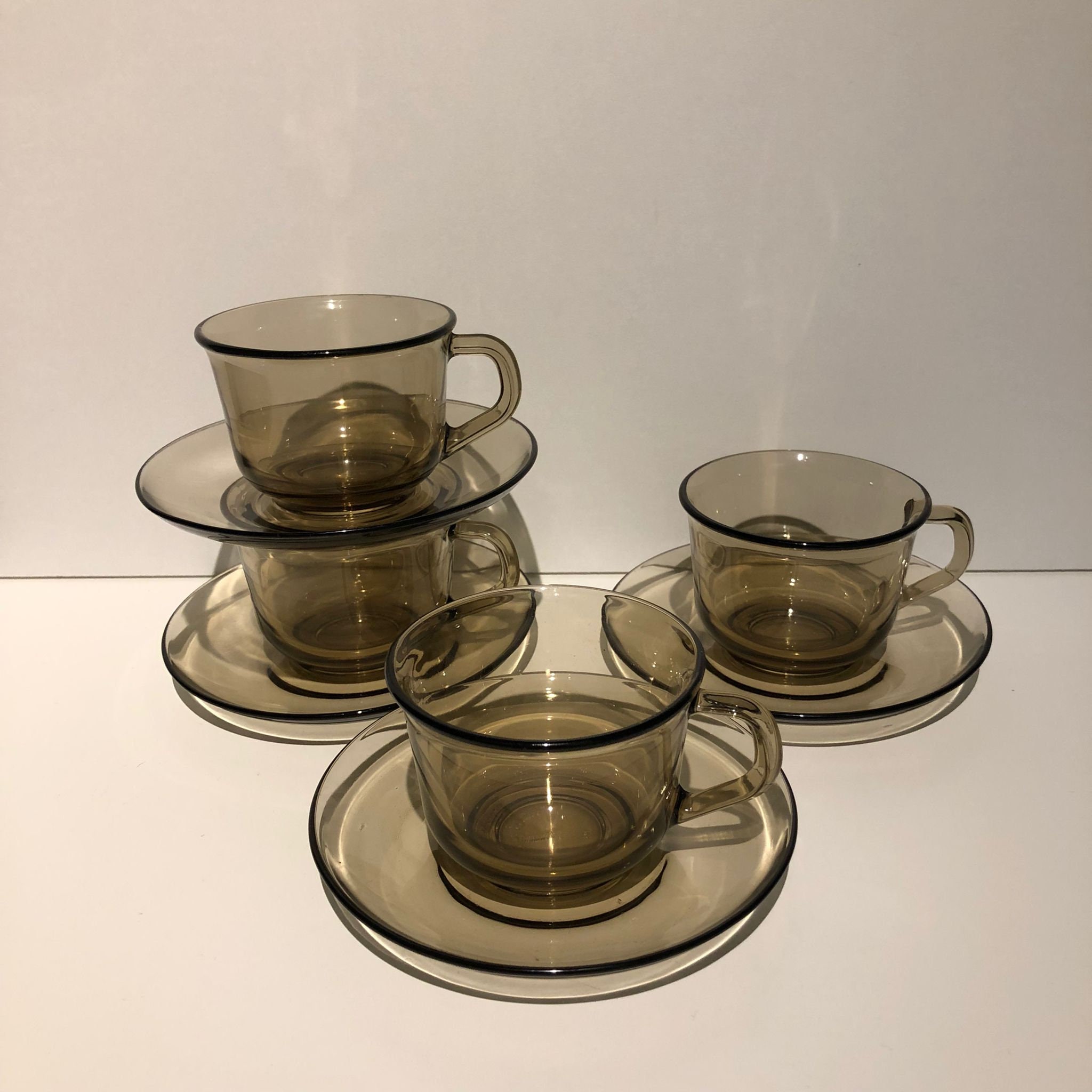 Set of 2 or 4 Vintage Coffee / Espresso Cup & Saucers Smoked Glass - Arcoroc France 1970s