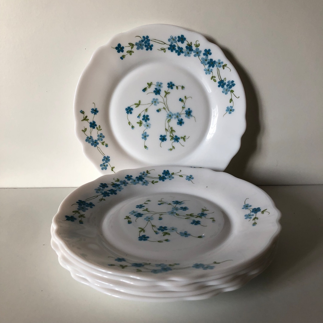 6 Assiettes à Dessert Arcopal Véronica Myosotis – 19,5 Cm, Vintage 1970