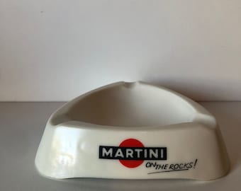 Vintage Martini Werbung weißer Aschenbecher mit Martini on the Rocks / Martini Logo 1980er Jahre Frankreich