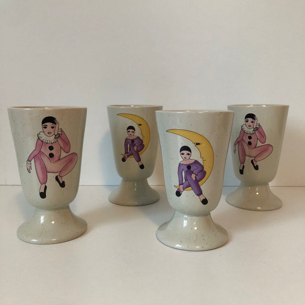 Set of 4 Vintage Ceramic Cup /Mug with Pierrot Figurines 1970s - two different designs 1980