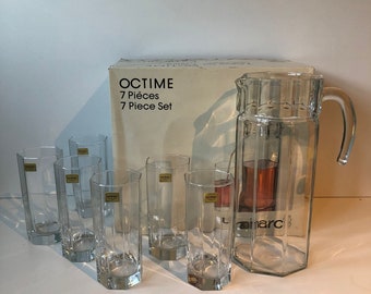 SELTENES Octime 7-teiliges Set bestehend aus einem Krug und 6 Gläsern in Originalverpackung – Luminarc Frankreich 1980er Jahre