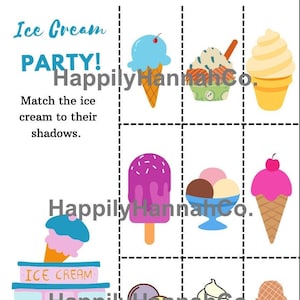 Ice cream matching game for preschoolers and toddlers, shadow matching, activity center, activity worksheet