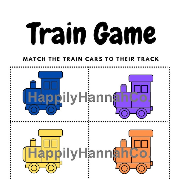 Train color matching game for toddlers, preschoolers, and kindergarteners, cut and glue activity, matching game worksheet