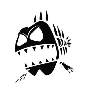Pu&ograve; includere: Illustrazione in bianco e nero di uno scheletro di pesce stilizzato con denti affilati e un'espressione minacciosa. Il design presenta una struttura scheletrica dettagliata e una posa dinamica e aggressiva.