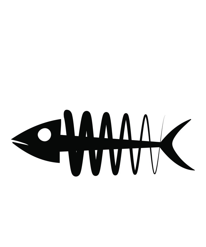 Pu&ograve; includere: Illustrazione in bianco e nero di uno scheletro di pesce. Lo scheletro del pesce &egrave; una grafica stilizzata con testa, corpo e coda. Il corpo del pesce &egrave; composto da linee curve.