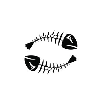Pu&ograve; includere: Illustrazione grafica in bianco e nero di due scheletri di pesce stilizzati, disposti in un design a specchio. Gli scheletri sono dettagliati con strutture di spina dorsale e pinne, su uno sfondo bianco.