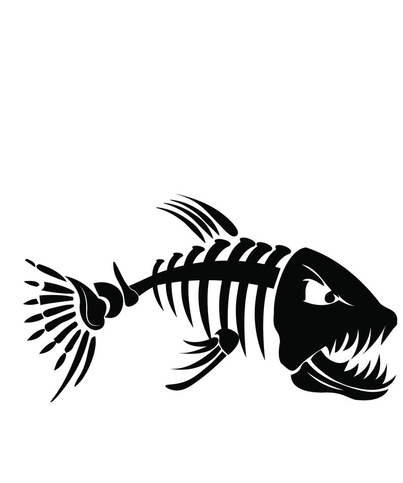 Pu&ograve; includere: Illustrazione in bianco e nero di uno scheletro di pesce con denti affilati e un'espressione arrabbiata. Lo scheletro del pesce ha costole, pinne e coda dettagliate, su sfondo bianco.
