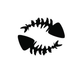 Pu&ograve; includere: Grafica di scheletro di pesce nero su sfondo bianco. Il design stilizzato presenta due scheletri di pesce a specchio, creando una forma simmetrica. Le ossa sono dettagliate con piccole proiezioni appuntite.