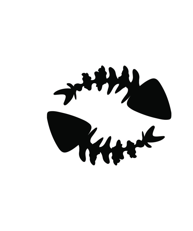 Pu&ograve; includere: Grafica di scheletro di pesce nero su sfondo bianco. Il design stilizzato presenta due scheletri di pesce a specchio, creando una forma simmetrica. Le ossa sono dettagliate con piccole proiezioni appuntite.