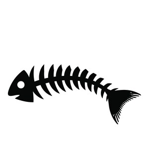 Pu&ograve; includere: Illustrazione di uno scheletro di pesce nero su sfondo bianco. Lo scheletro &egrave; stilizzato, con testa, spina dorsale e pinna caudale. Il design &egrave; semplice e audace, adatto a varie applicazioni.