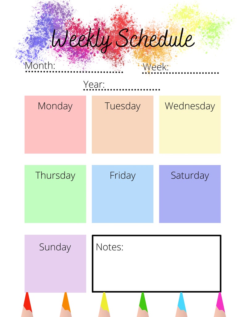 Weekly Schedule Weekly Planner Colorful Planner Instant - Etsy