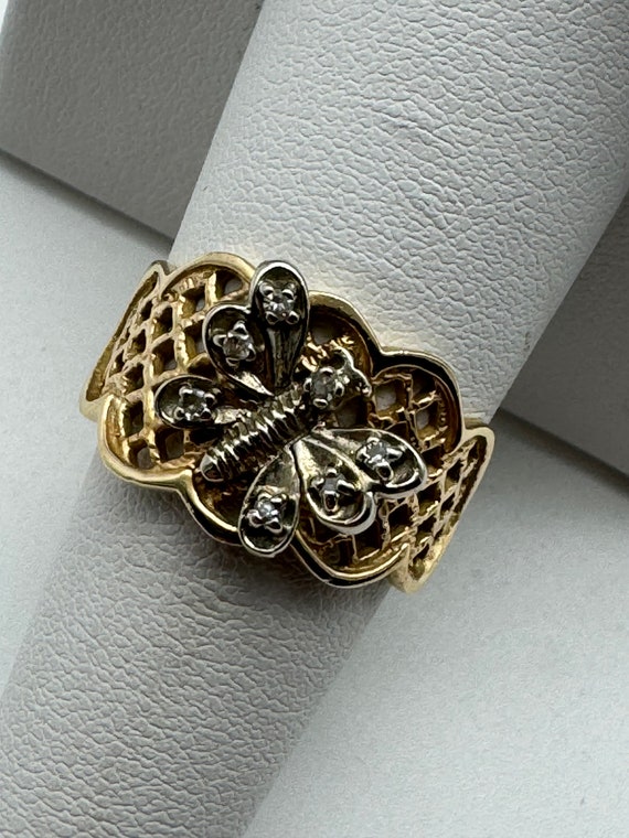 Vintage 14K Butterfly Diamond Ring Two Tone