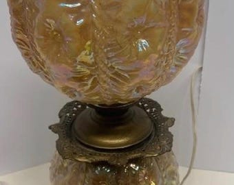 Antique Very RARE Sunken Hollyhock Consolidated Orange Carnival Glass Gone With The Wind Lamp Iridescent.