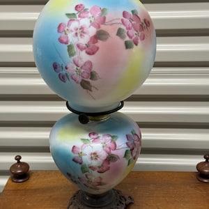 Antique Victorian Hand Painted Apple Blossom cotton candy color glass Gone With The Wind Lamp