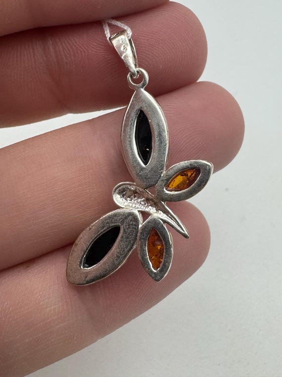 Vintage Sterling Silver Multicolor Amber Sideways Butterfly Pendant View 2