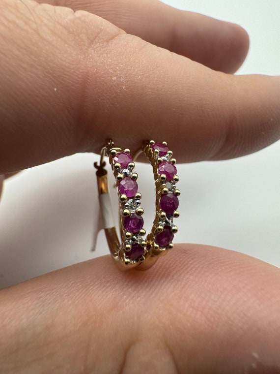 10k Yellow Gold Diamond and Ruby Hoops