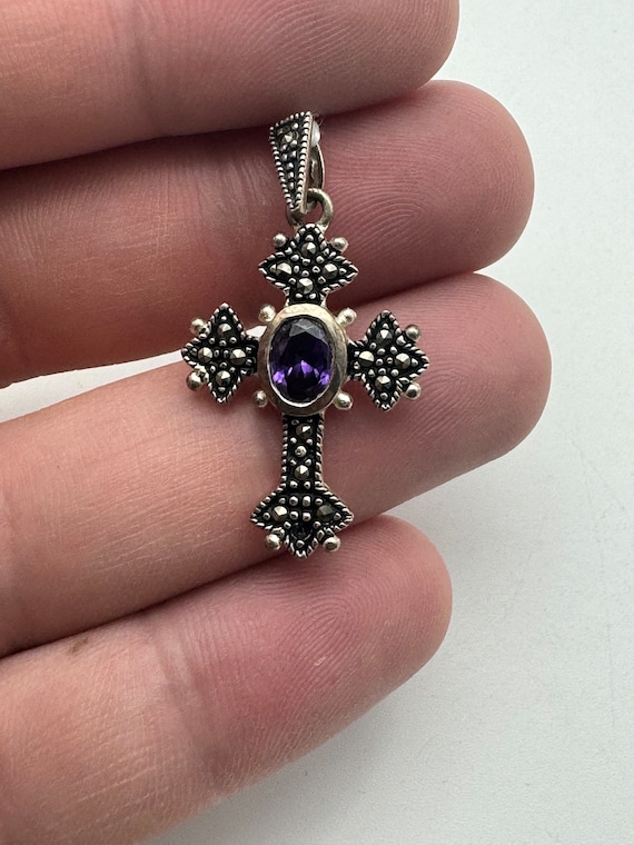Vintage Sterling Silver Amethyst And Marcasite Cr… - image 1